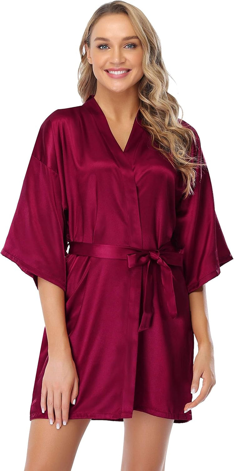 Womens Kimono Robes Dressing Gown Satin Bathrobe Nightdress Short Style Bridal Robe
