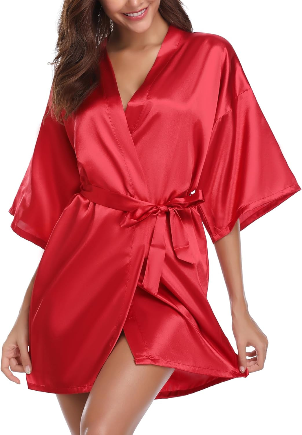 Womens Kimono Robes Dressing Gown Satin Bathrobe Nightdress Short Style Bridal Robe