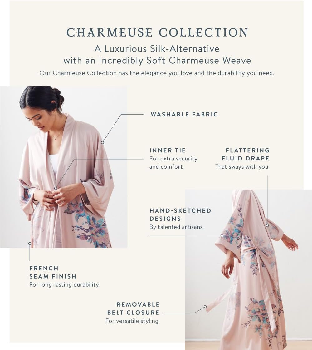 Women'S Charmeuse Kimono Robe Long - Watercolor Floral
