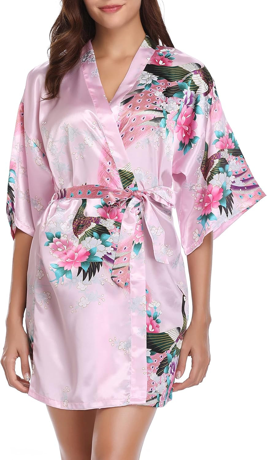 Womens Kimono Robes Dressing Gown Satin Bathrobe Nightdress Short Style Bridal Robe