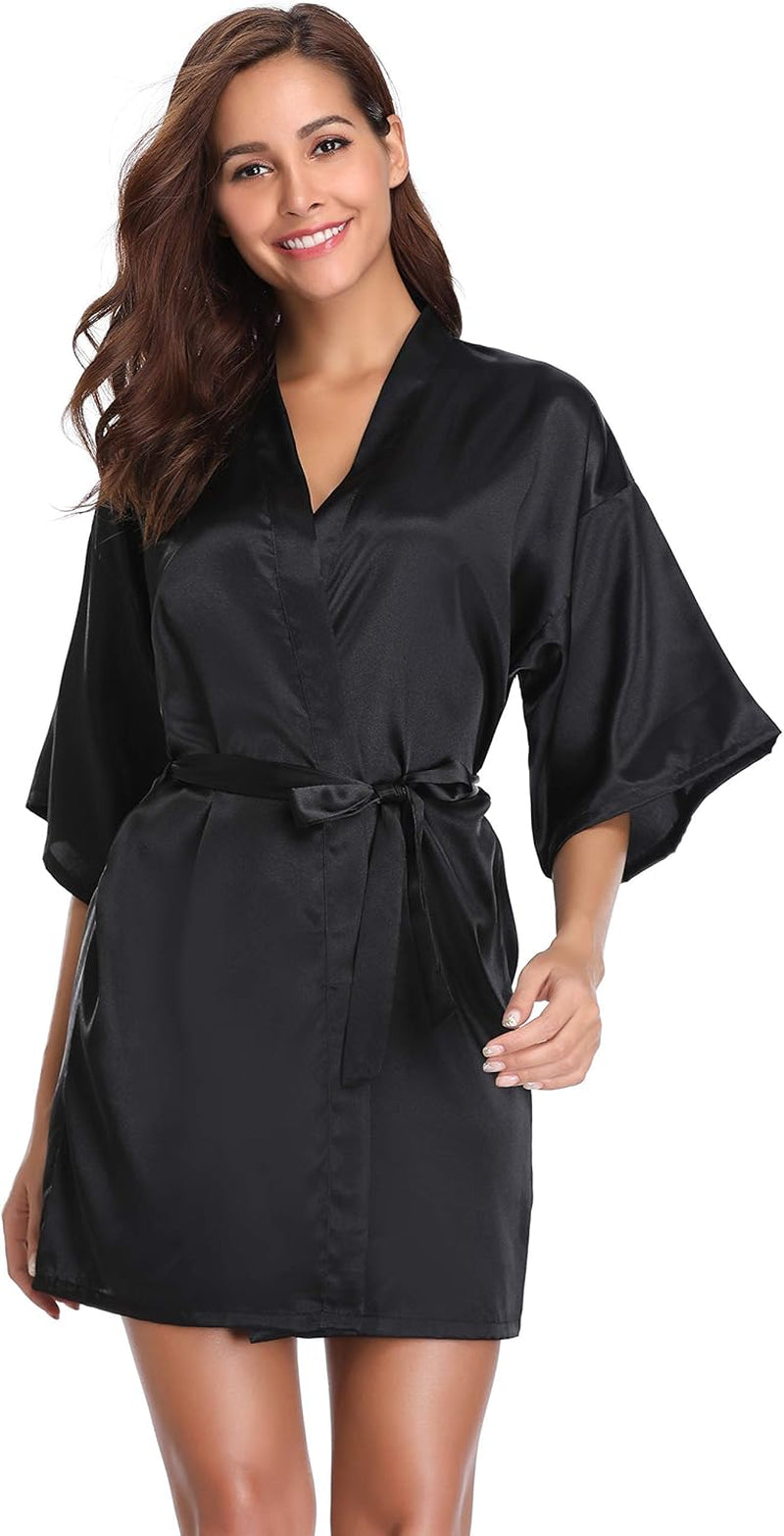 Womens Kimono Robes Dressing Gown Satin Bathrobe Nightdress Short Style Bridal Robe