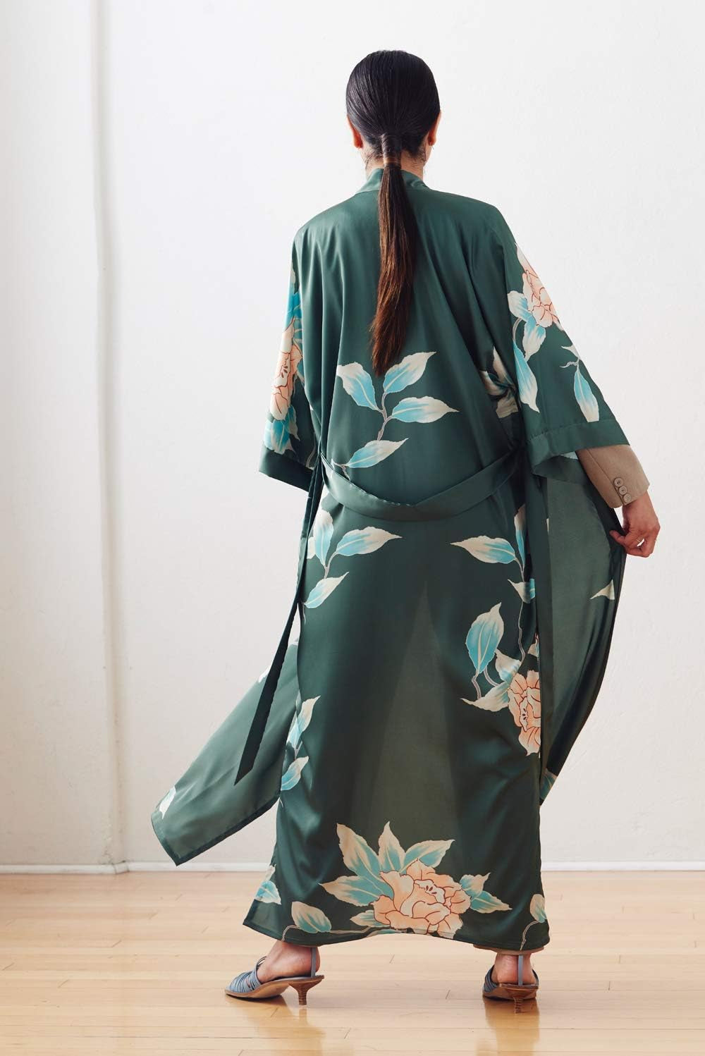 Women'S Charmeuse Kimono Robe Long - Watercolor Floral