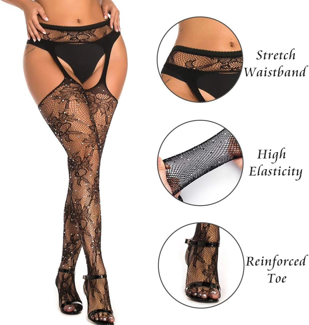 Womens Suspender Pantyhose Sexy Fishnet Stockings High Waist Tights Sparkly Rhinestone Thigh High Stocking (B)