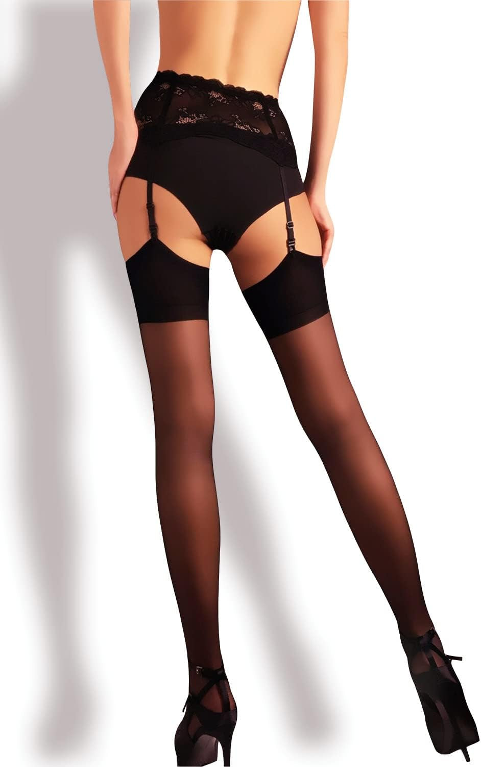Black Thigh High Garter Stockings for Women | Plain Top Thigh High Tights Pantyhose for Garter Belts - Black, M