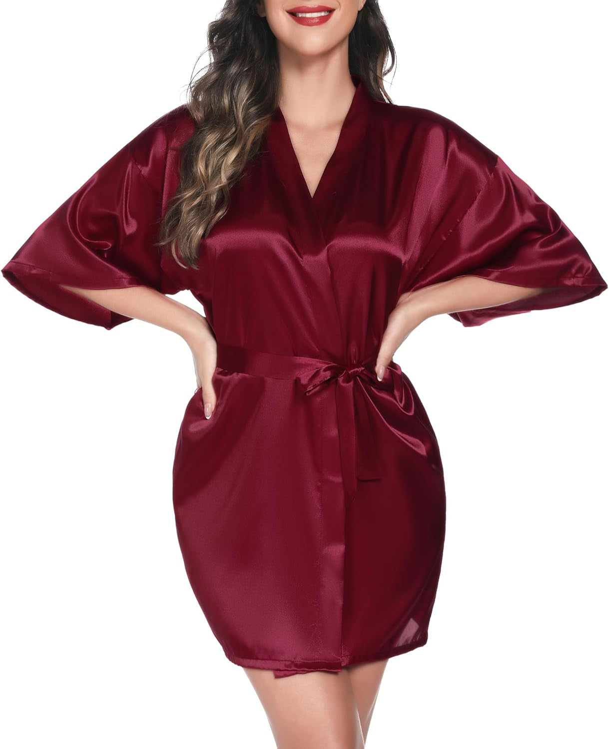 Womens Kimono Robes Dressing Gown Satin Bathrobe Nightdress Short Style Bridal Robe