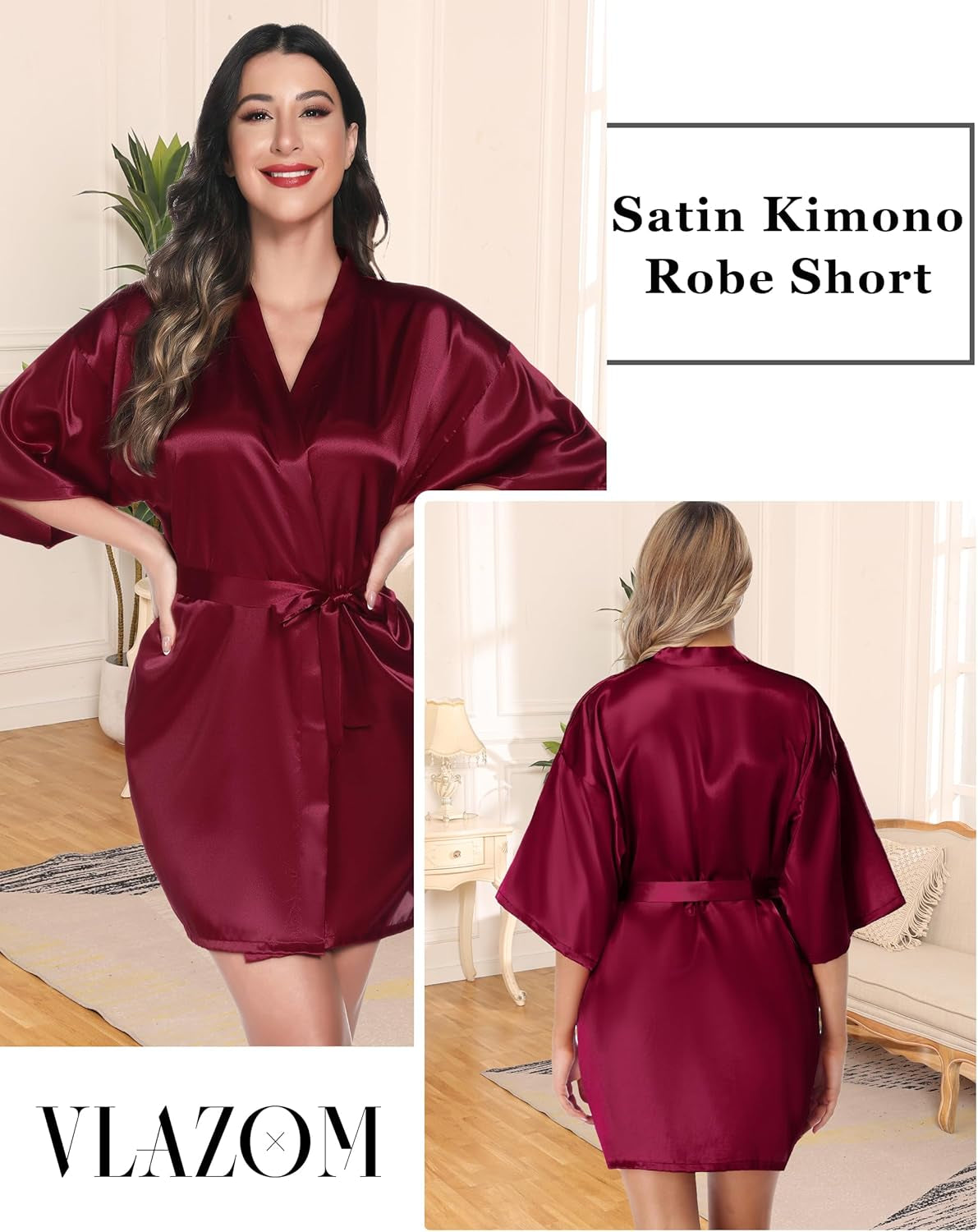 Womens Kimono Robes Dressing Gown Satin Bathrobe Nightdress Short Style Bridal Robe