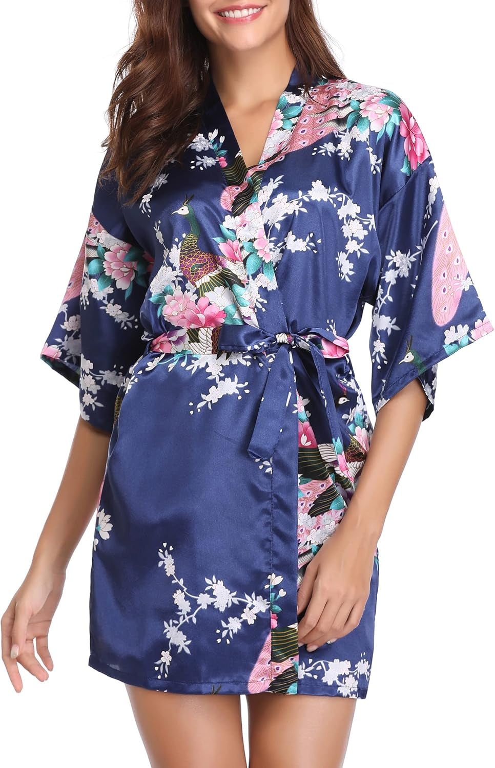 Womens Kimono Robes Dressing Gown Satin Bathrobe Nightdress Short Style Bridal Robe