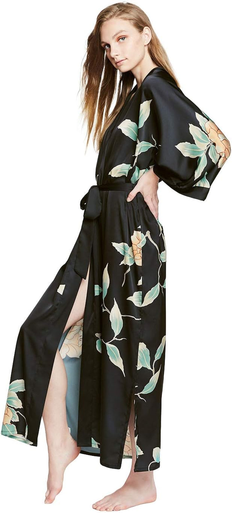 Women'S Charmeuse Kimono Robe Long - Watercolor Floral