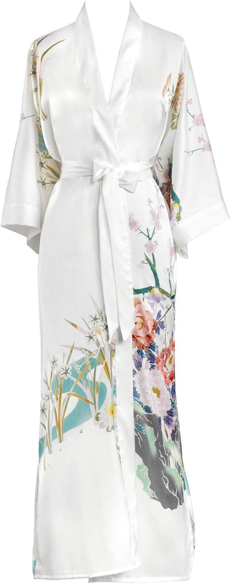 Women'S Charmeuse Kimono Robe Long - Watercolor Floral