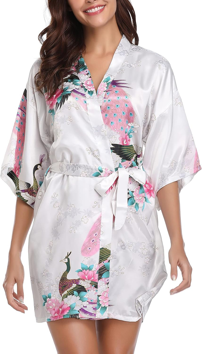 Womens Kimono Robes Dressing Gown Satin Bathrobe Nightdress Short Style Bridal Robe