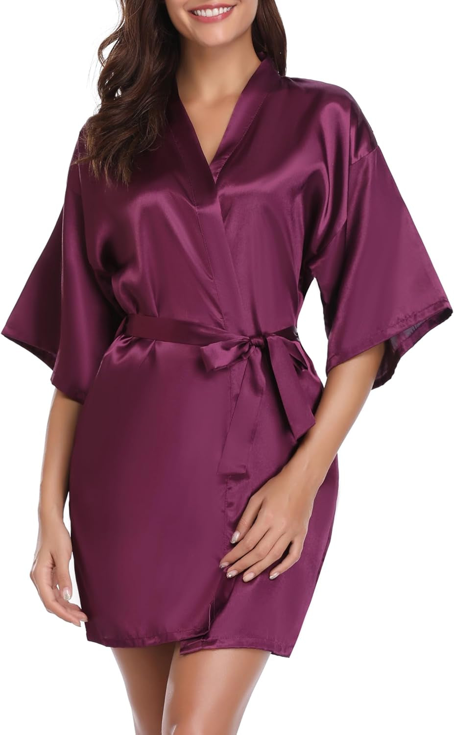 Womens Kimono Robes Dressing Gown Satin Bathrobe Nightdress Short Style Bridal Robe