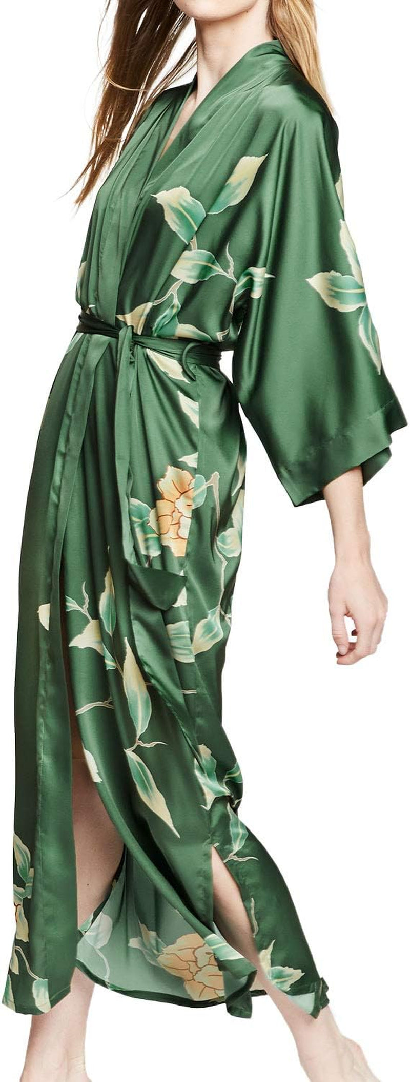 Women'S Charmeuse Kimono Robe Long - Watercolor Floral
