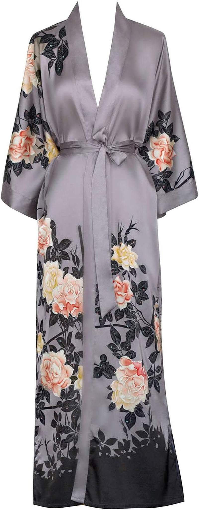 Women'S Charmeuse Kimono Robe Long - Watercolor Floral