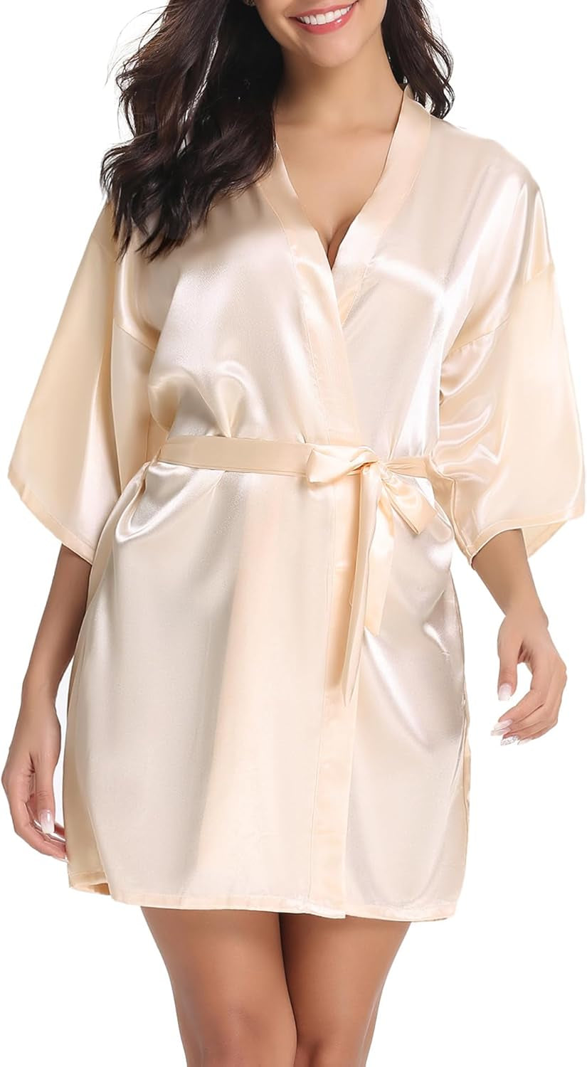 Womens Kimono Robes Dressing Gown Satin Bathrobe Nightdress Short Style Bridal Robe