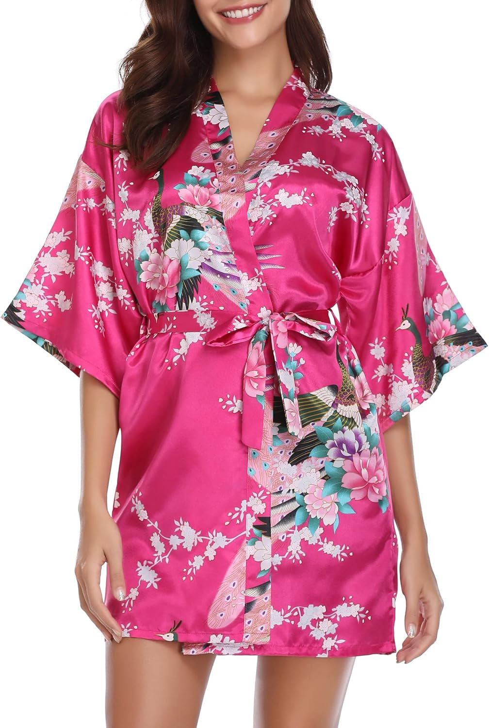 Womens Kimono Robes Dressing Gown Satin Bathrobe Nightdress Short Style Bridal Robe