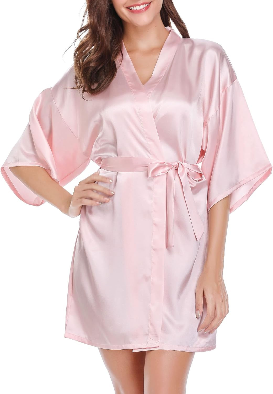 Womens Kimono Robes Dressing Gown Satin Bathrobe Nightdress Short Style Bridal Robe