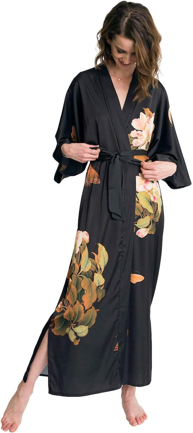 Women'S Charmeuse Kimono Robe Long - Watercolor Floral