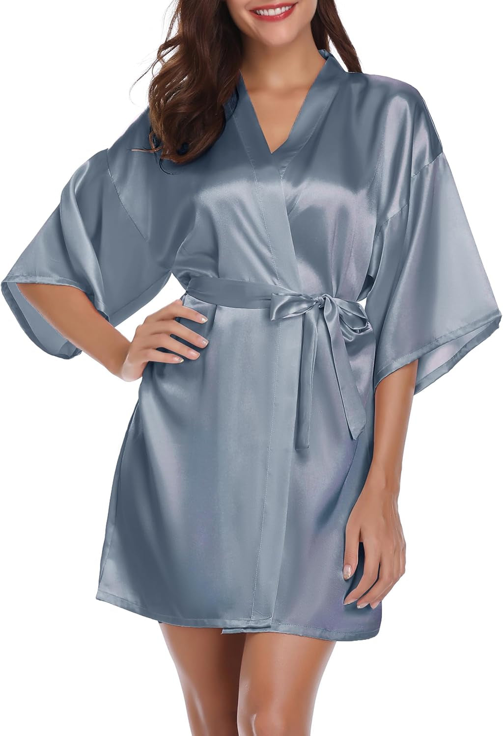 Womens Kimono Robes Dressing Gown Satin Bathrobe Nightdress Short Style Bridal Robe