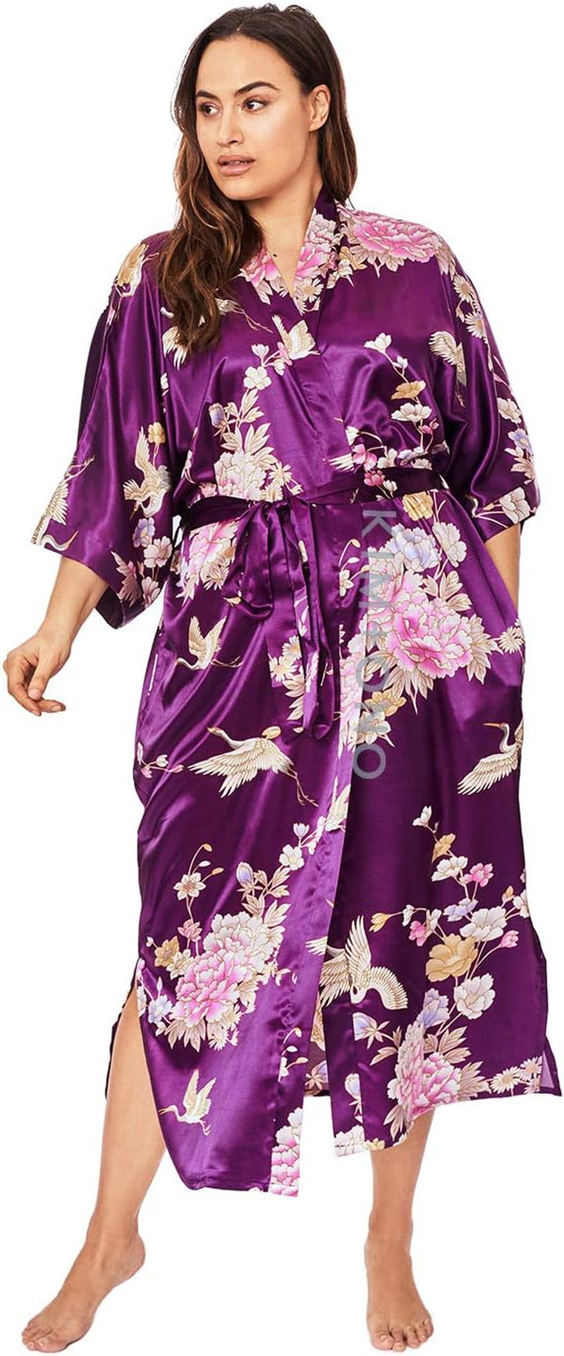plus Size Women'S Satin Kimono Robe Long - Floral