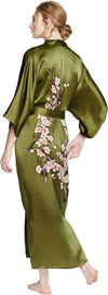 Women'S Silk Kimono Robe Long - Handpainted - Cherry Blossom Olive, 100 Percent Silk Robes for Women with Handpainted Design, Long Silk Robe 52 Inches in Length, One Size Fits Most.
