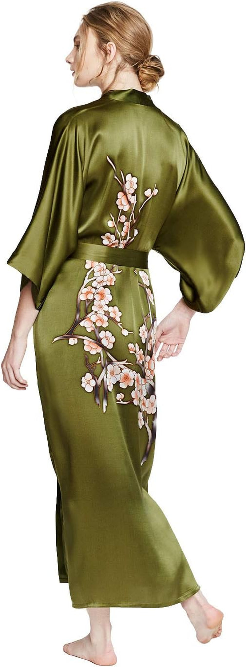 Women'S Silk Kimono Robe Long - Handpainted - Cherry Blossom Olive, 100 Percent Silk Robes for Women with Handpainted Design, Long Silk Robe 52 Inches in Length, One Size Fits Most.