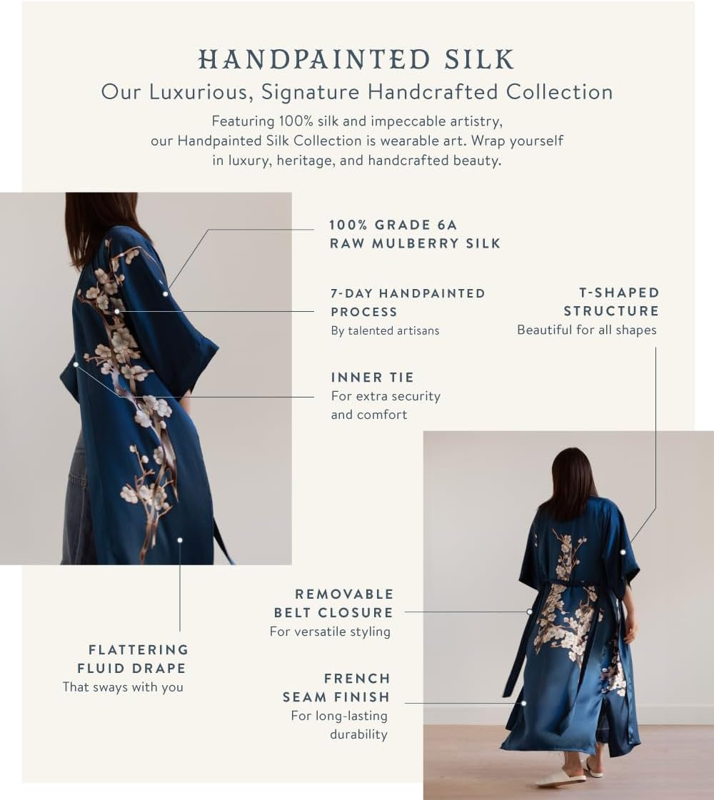 Women'S Silk Kimono Robe Long - Handpainted - Cherry Blossom Olive, 100 Percent Silk Robes for Women with Handpainted Design, Long Silk Robe 52 Inches in Length, One Size Fits Most.
