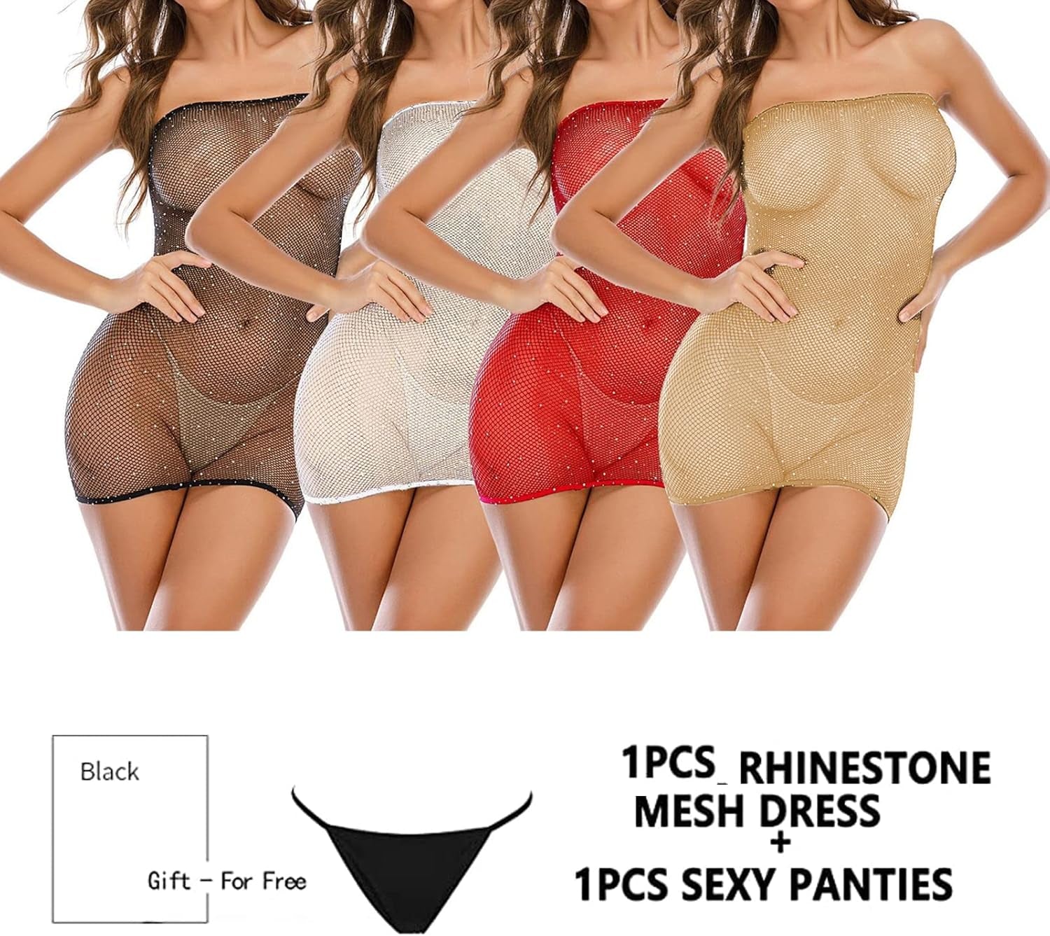 Women'S Sexy Fishnet Bodysuit Rhinestone Mesh Dress Hole Strap Stretch Chemise Nightwear