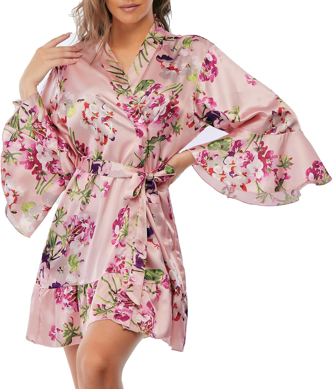 Women'S Silk Robe Kimono Bridesmaid Robes with Ruffle Hem V-Neck Floral Short Satin Wedding Bridal Party Robe,Pink Floral XL.