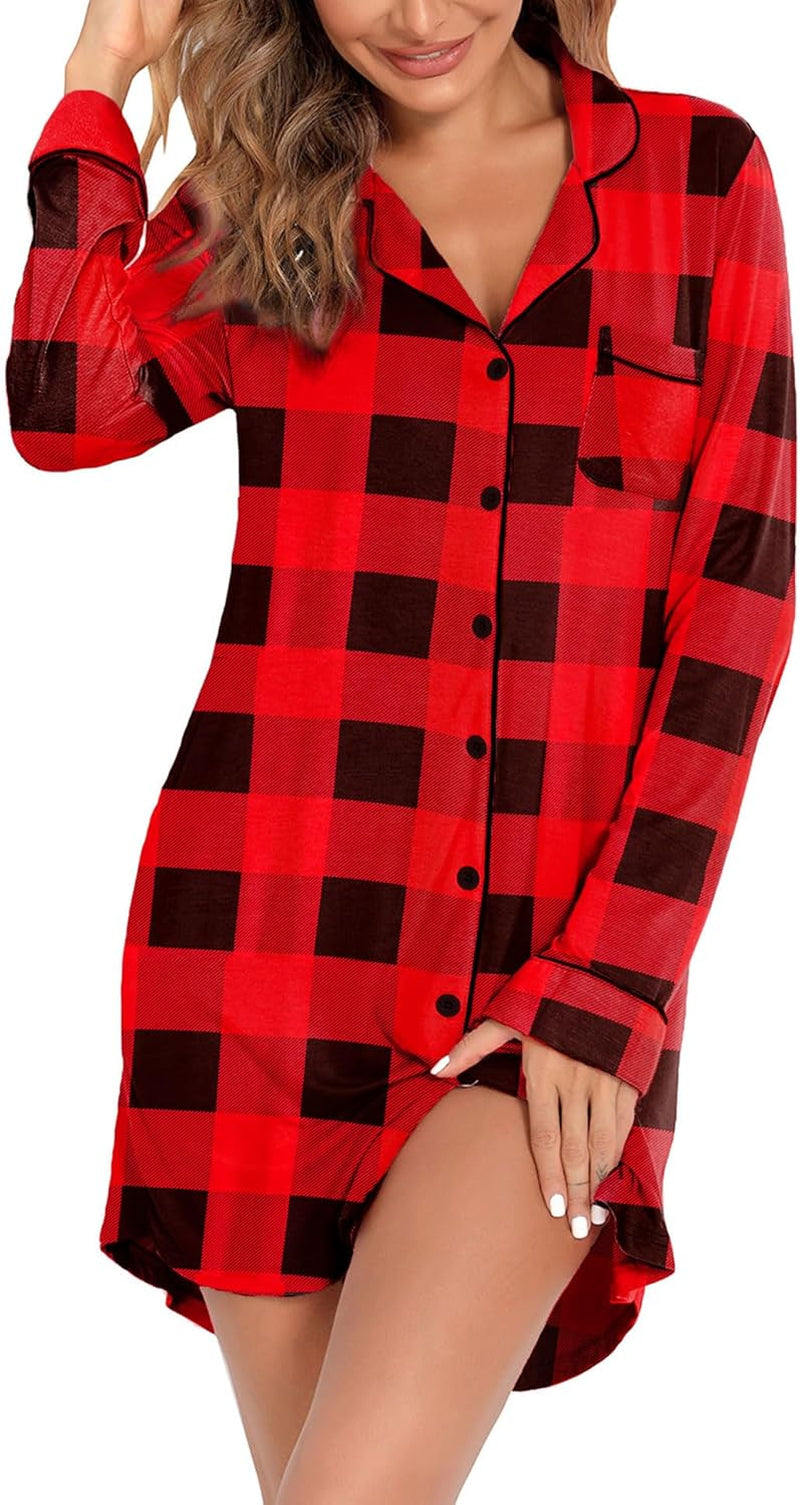 Nightgown for Women Sleep Shirt Short Long Sleeve Sleepwear Boyfriend Nightshirt Button down Pajama Dress S-XXL