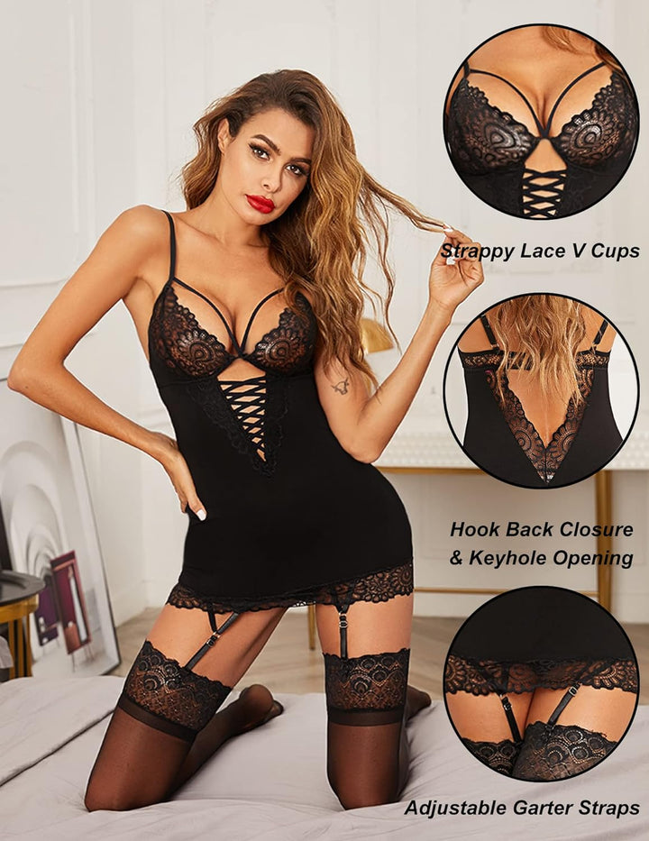 Garter Lingerie for Women Sexy Lace Babydoll Full Slips Chemise Sleepwear S-XXXL