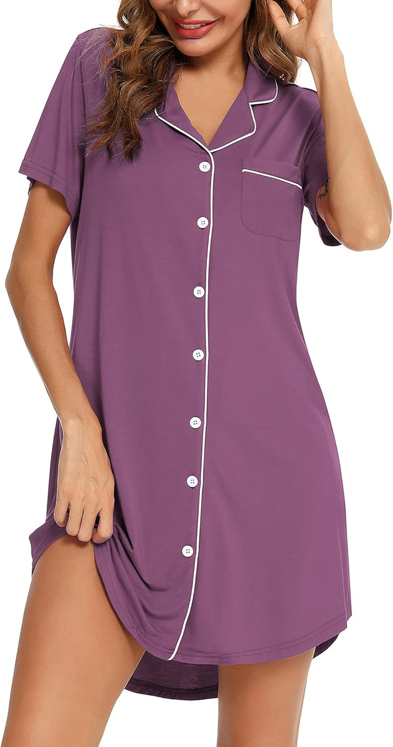 Nightgown for Women Sleep Shirt Short Long Sleeve Sleepwear Boyfriend Nightshirt Button down Pajama Dress S-XXL