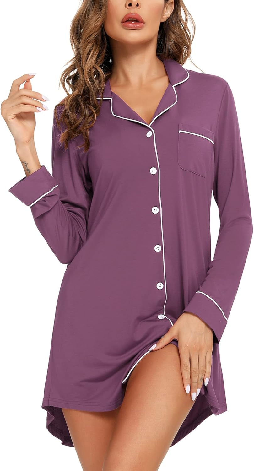 Nightgown for Women Sleep Shirt Short Long Sleeve Sleepwear Boyfriend Nightshirt Button down Pajama Dress S-XXL