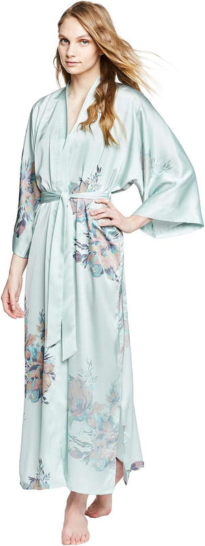 Women'S Charmeuse Kimono Robe Long - Watercolor Floral