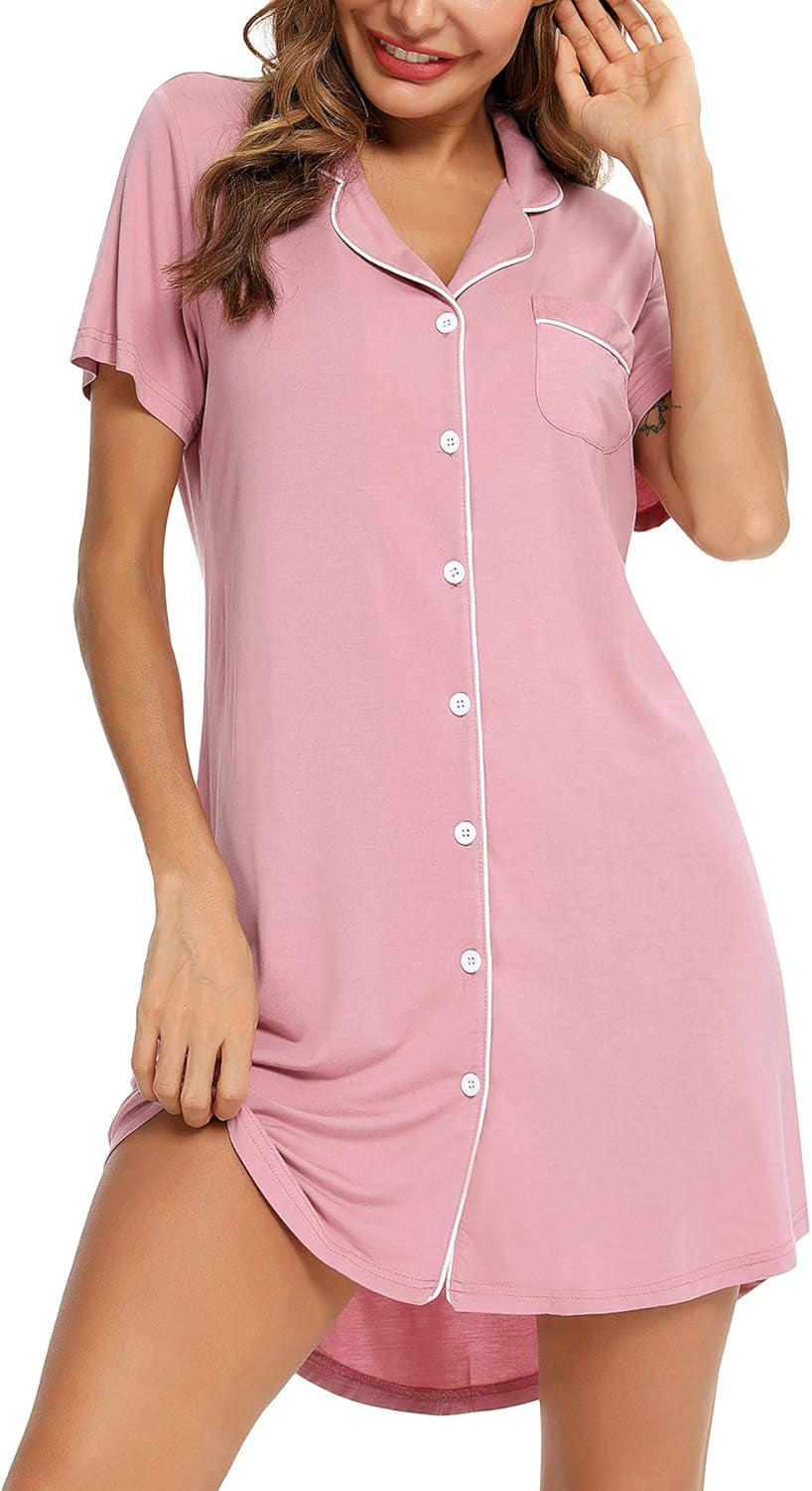 Nightgown for Women Sleep Shirt Short Long Sleeve Sleepwear Boyfriend Nightshirt Button down Pajama Dress S-XXL