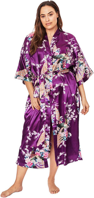 plus Size Women'S Satin Kimono Robe Long - Floral
