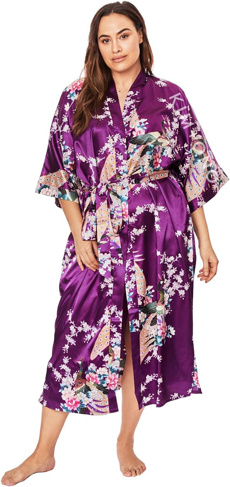 plus Size Women'S Satin Kimono Robe Long - Floral