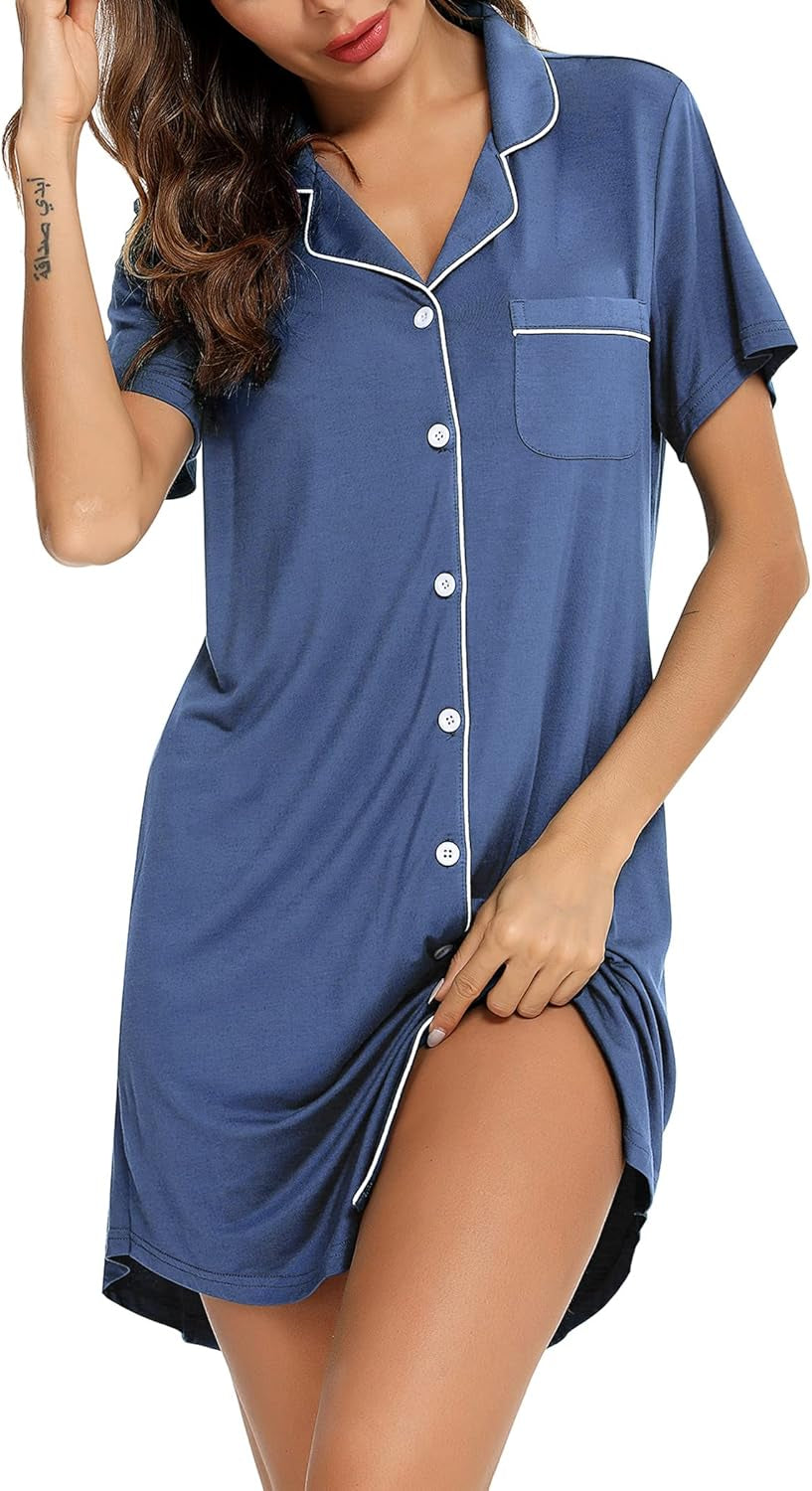 Nightgown for Women Sleep Shirt Short Long Sleeve Sleepwear Boyfriend Nightshirt Button down Pajama Dress S-XXL