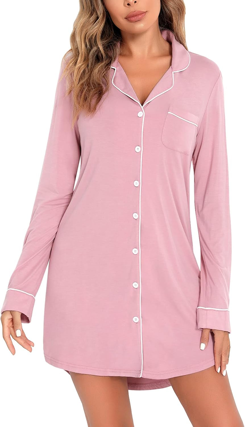 Nightgown for Women Sleep Shirt Short Long Sleeve Sleepwear Boyfriend Nightshirt Button down Pajama Dress S-XXL