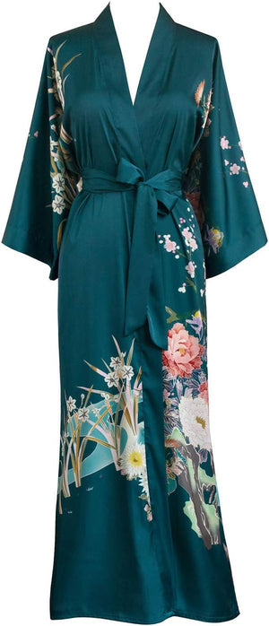 Women'S Charmeuse Kimono Robe Long - Watercolor Floral
