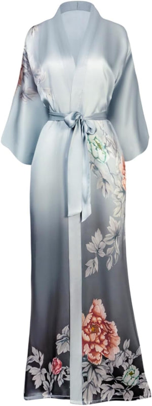 Women'S Silk Kimono Robe Long - Floral Print