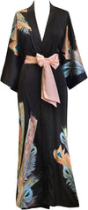 Women'S Charmeuse Kimono Robe Long - Watercolor Floral - Peacock Feather- Black