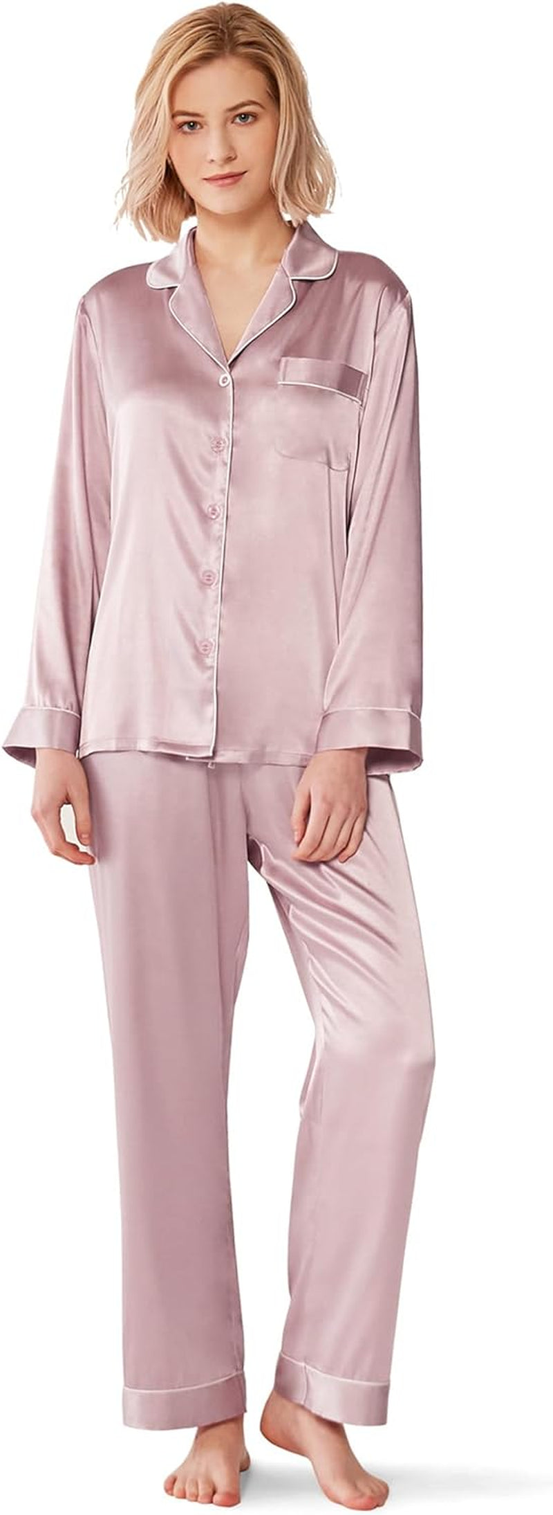 Silk Satin Pajamas Women'S Long Sleeve Pj Set Soft Button down 2 Piece Sleepwear Loungewear S-XL