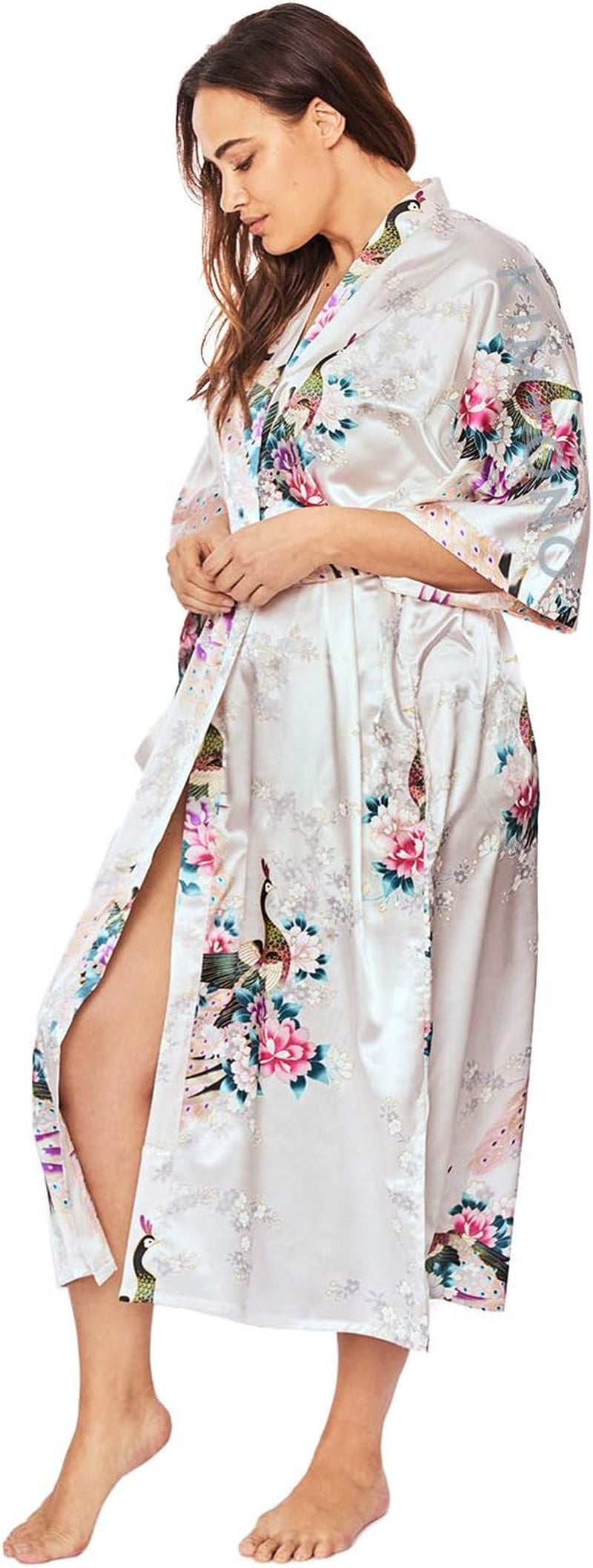 plus Size Women'S Satin Kimono Robe Long - Floral
