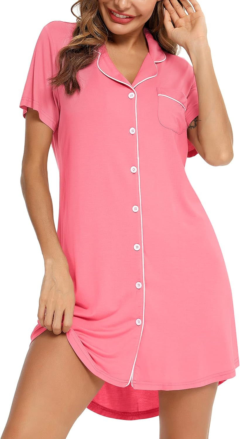 Nightgown for Women Sleep Shirt Short Long Sleeve Sleepwear Boyfriend Nightshirt Button down Pajama Dress S-XXL