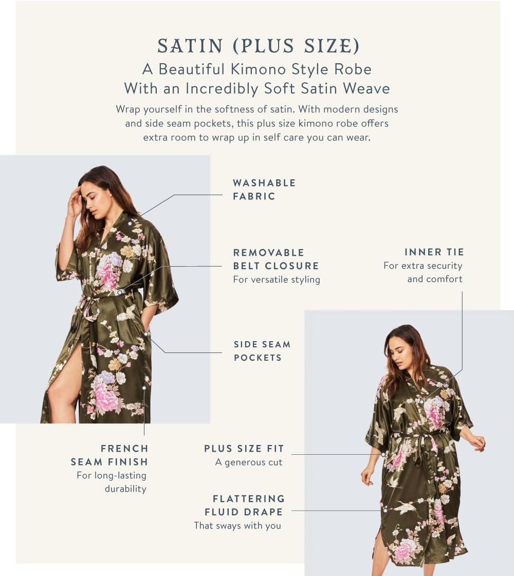 plus Size Women'S Satin Kimono Robe Long - Floral
