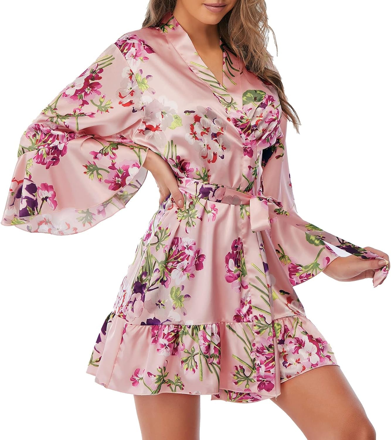 Women'S Silk Robe Kimono Bridesmaid Robes with Ruffle Hem V-Neck Floral Short Satin Wedding Bridal Party Robe,Pink Floral XL.