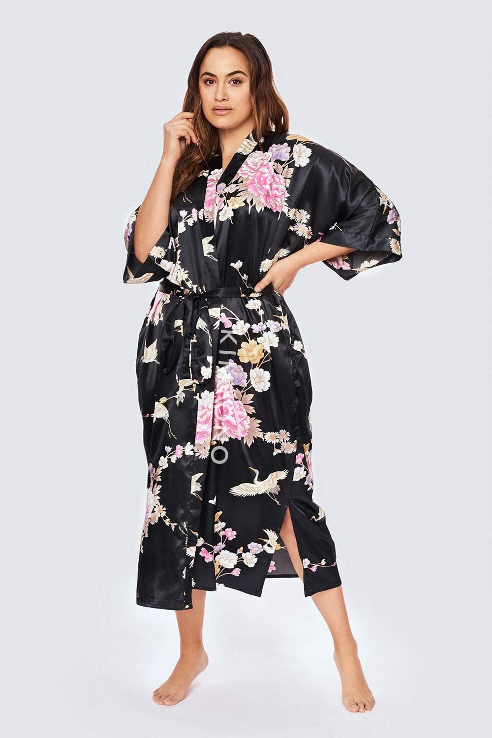 plus Size Women'S Satin Kimono Robe Long - Floral