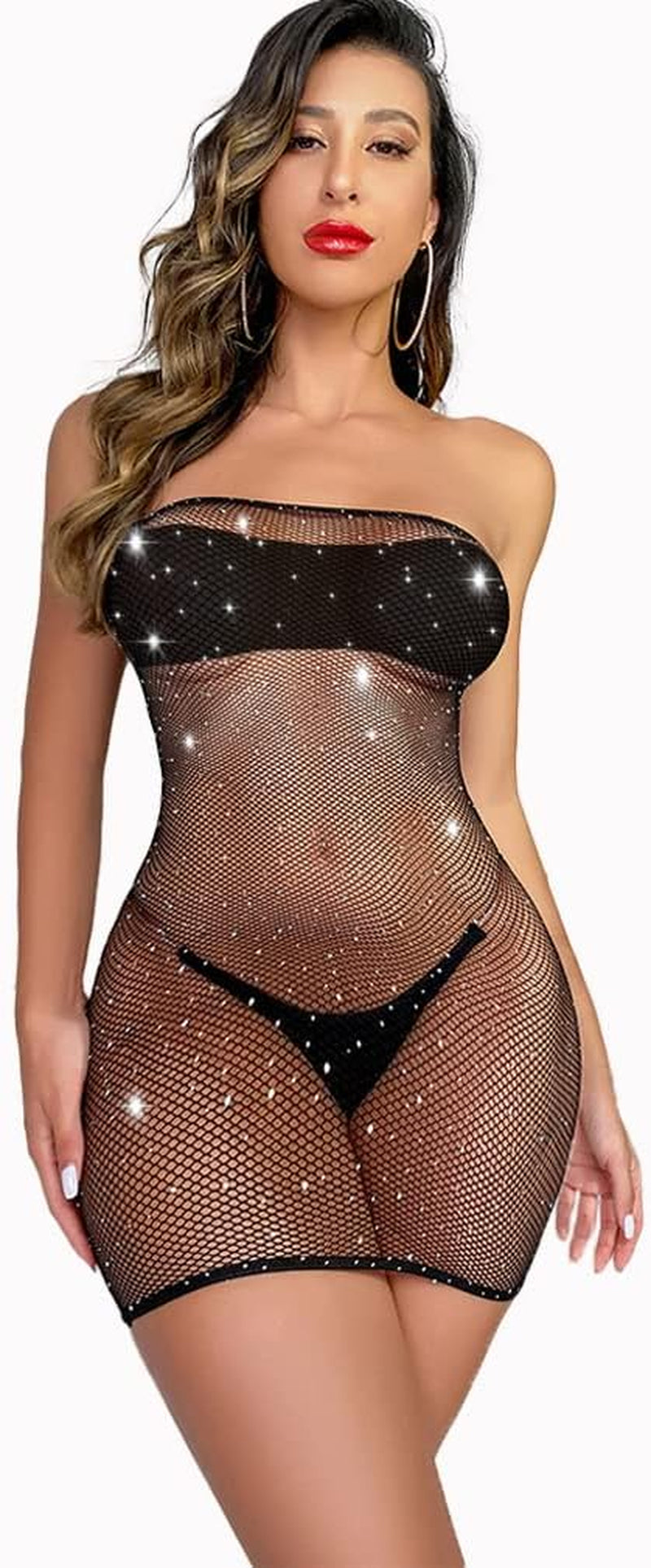 Women'S Sexy Fishnet Bodysuit Rhinestone Mesh Dress Hole Strap Stretch Chemise Nightwear