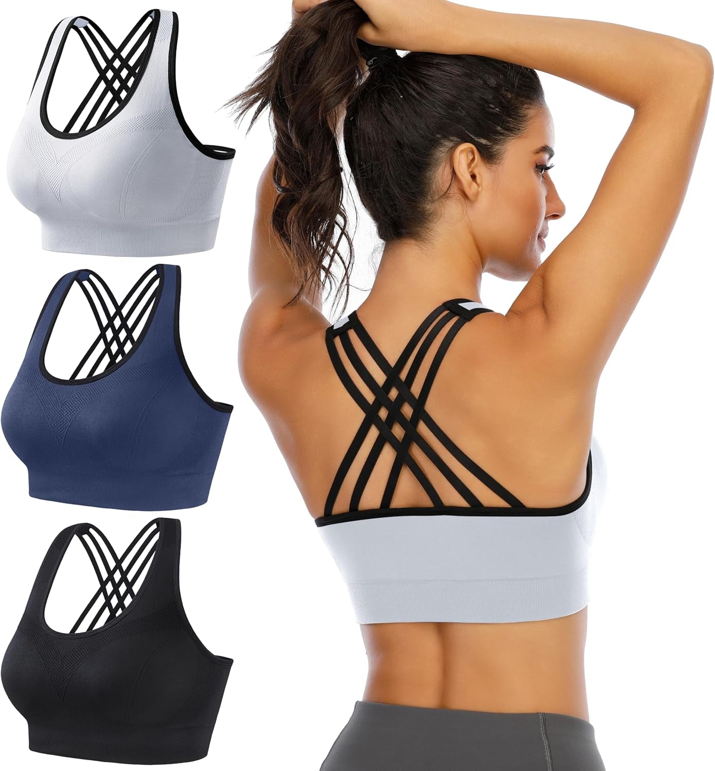 Women'S Sports Bras Padded Sports Bra Supportive Strappy Criss Cross Yoga Bra Workout Athletic Bras 3 Pack