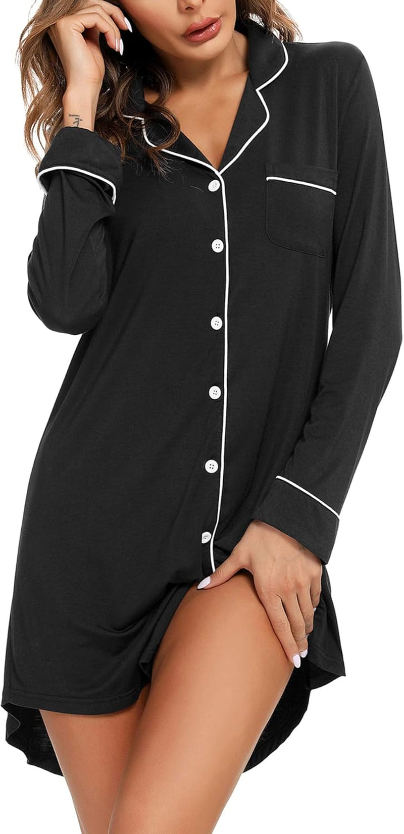 Nightgown for Women Sleep Shirt Short Long Sleeve Sleepwear Boyfriend Nightshirt Button down Pajama Dress S-XXL